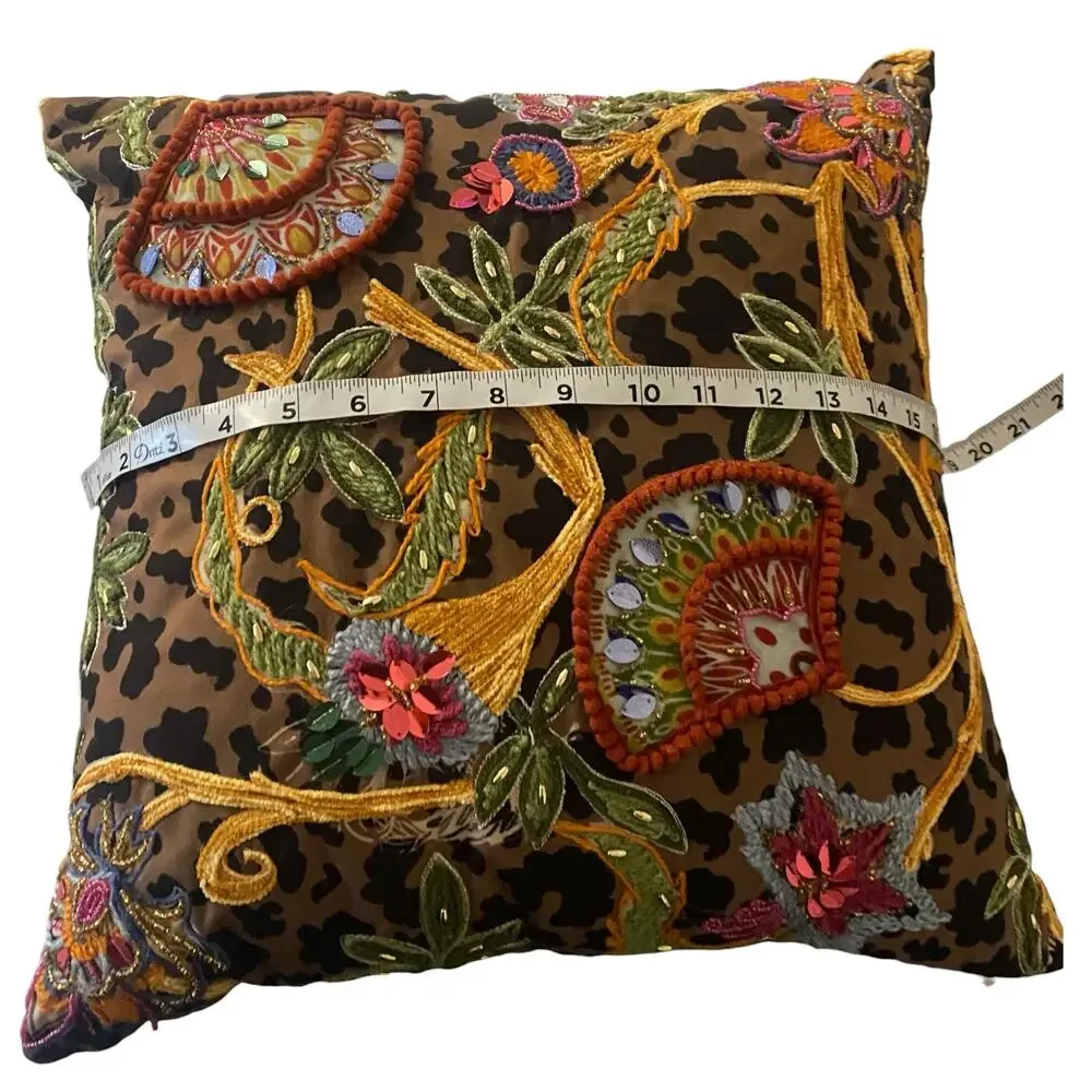 Handmade Decorative Accent Pillow with Embroidered Beaded Accents & Animal Print